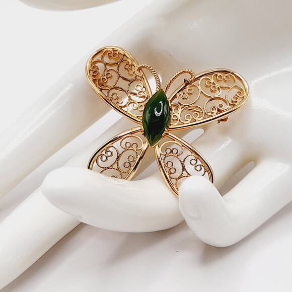 Vintage Gold Filled Butterfly Brooch Green Gemstone Center 1-20 14K GF - Picture 3 of 7